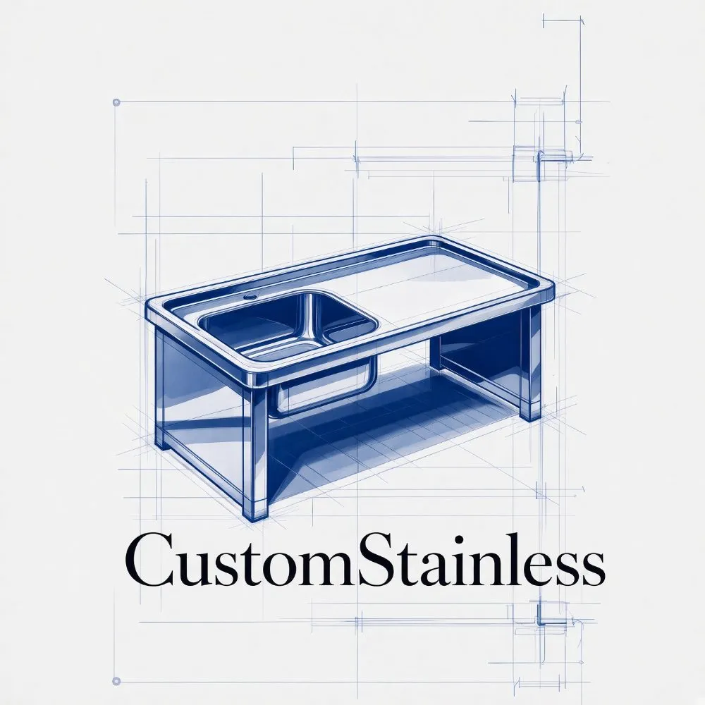 Custom Stainless logo — blueprint sketch of a stainless steel sink table